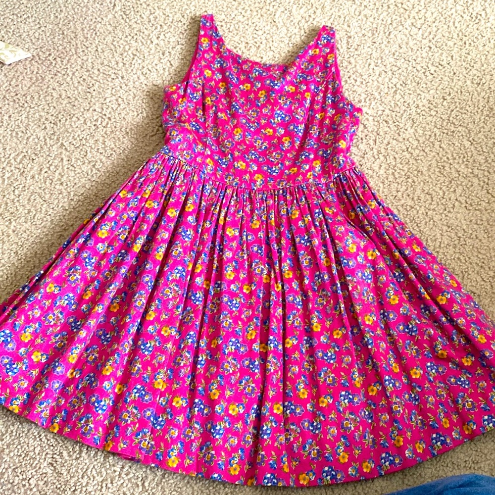 Ralph Lauren pink Floral button back dress flowy aline easter